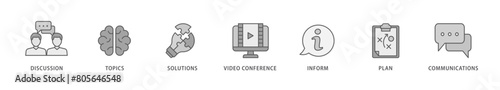 Meeting icon packs for your design digital and printing of communications, topics, solutions, plan, inform and video conference  icon live stroke and easy to edit 