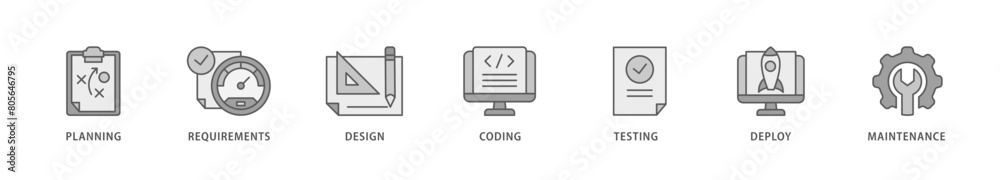 Software development icon packs for your design digital and printing of planning, requirements, design, coding, testing, deploy and maintenance icon live stroke and easy to edit Software development icon packs for your design digital and printing of planning, requirements, design, coding, testing, deploy and maintenance icon live stroke and easy to edit