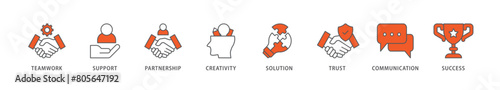 Collaboration icon packs for your design digital and printing of teamwork, support, partnership, creativity, solution, trust, communication, success icon live stroke and easy to edit 