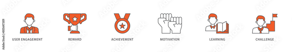 Gamification icon packs for your design digital and printing of user engagement, reward, achievement, motivation, learning, and challenge icon live stroke and easy to edit 