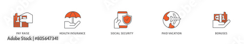Employee benefits icon packs for your design digital and printing of pay raise, health insurance, social security, paid vacation and bonuses icon live stroke and easy to edit 