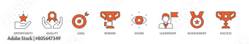 Encourage icon packs for your design digital and printing of opportunity, quality, goal, reward, vision, leadership, achievement, success icon live stroke and easy to edit 