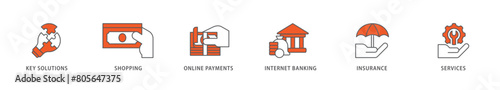 Financial service icon packs for your design digital and printing of key solutions, shopping, online payments, internet banking, insurance and services icon live stroke and easy to edit 