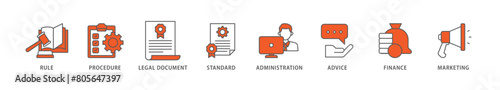 Guideline icon packs for your design digital and printing of rule, procedure, legal document, standard, administration, advice, finance, marketing icon live stroke and easy to edit 
