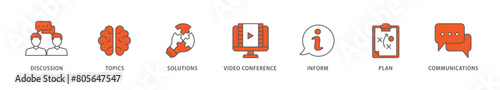 Meeting icon packs for your design digital and printing of communications, topics, solutions, plan, inform and video conference  icon live stroke and easy to edit 