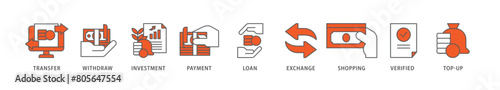 Mobile banking icon packs for your design digital and printing of transfer, withdraw, investment, payment, loan, exchange, shopping, verified and top up icon live stroke and easy to edit 