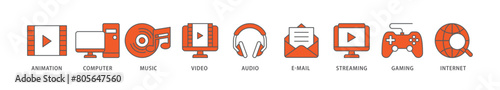 Multimedia icon packs for your design digital and printing of e mail, video, audio, internet, streaming, gaming, music, computer, animation icon live stroke and easy to edit 