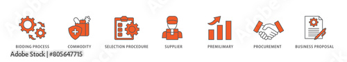 Rfp icon packs for your design digital and printing of business proposal, supplier, procurement, premilimary, selection procedure, commodity, bidding process icon live stroke and easy to edit 