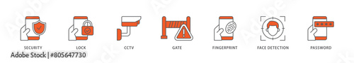 Security system icon packs for your design digital and printing of password, gate, face detection, finger print, cctv, lock, security icon live stroke and easy to edit 