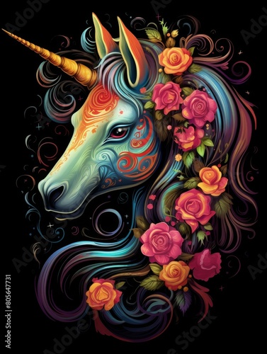 Colorful Unicorn Head in Charming Magipunk Style