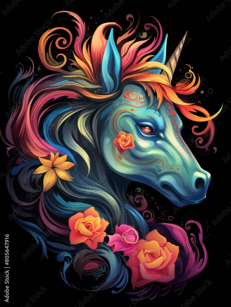 Colorful Unicorn Head Amid Charming Massurrealism