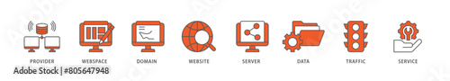 Web hosting icon packs for your design digital and printing of provider, webspace, domain, website, server, data, traffic and service icon live stroke and easy to edit 
