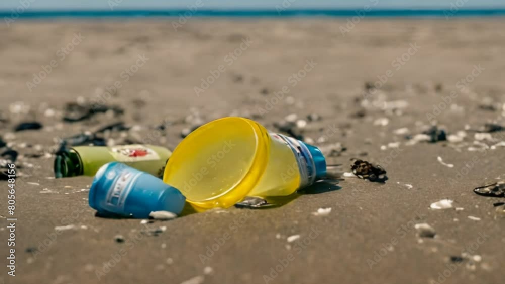 Plastic debris on the beach, environmental pollution concept Plastic debris on the beach, environmental pollution concept