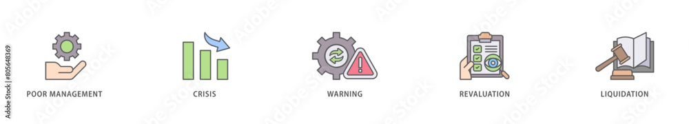 Business failure icon packs for your design digital and printing of poor management, crisis, warning, revaluation and liquidation icon live stroke and easy to edit Business failure icon packs for your design digital and printing of poor management, crisis, warning, revaluation and liquidation icon live stroke and easy to edit