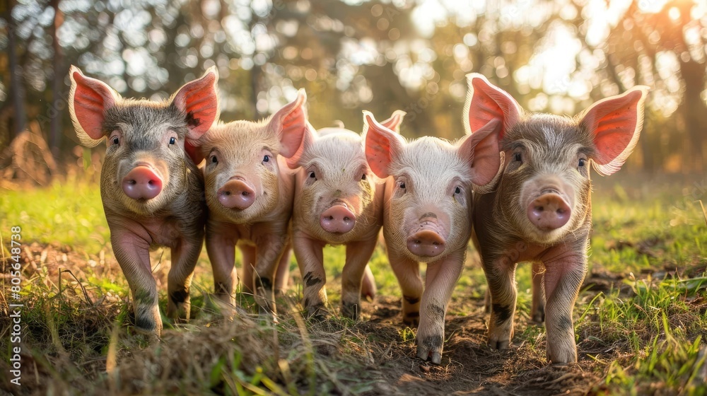 Five baby pigs are standing in a field, looking at the camera. The scene is peaceful and calm, with the pigs enjoying their time in the grassy area Five baby pigs are standing in a field, looking at the camera. The scene is peaceful and calm, with the pigs enjoying their time in the grassy area