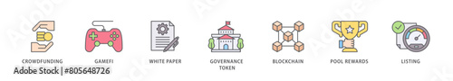 IGO icon packs for your design digital and printing of crowdfunding, gamefi, white paper, governance token, blockchain, pool rewards and listing icon live stroke and easy to edit 