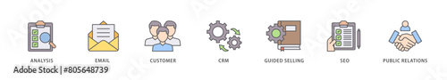 Inbound marketing icon packs for your design digital and printing of analysis, email, customer, crm, guided selling, seo and public relations icon live stroke and easy to edit 