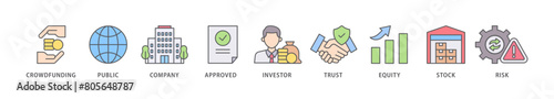 Ipo icon packs for your design digital and printing of crowdfunding, public company, approved, investor, trust, equity, stock and risk icon live stroke and easy to edit 