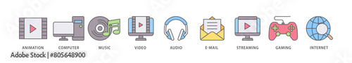Multimedia icon packs for your design digital and printing of e mail, video, audio, internet, streaming, gaming, music, computer, animation icon live stroke and easy to edit 
