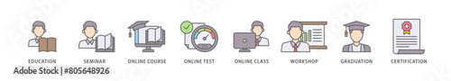 Online training icon packs for your design digital and printing of education, seminar, online course, online test, online class, workshop, graduation, certification icon live stroke and easy to edit 