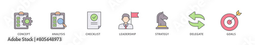 Planning icon packs for your design digital and printing of concept, analysis, checklist, leadership, strategy, delegate and goals icon live stroke and easy to edit 