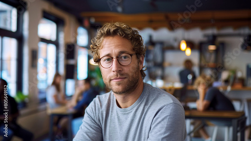 Portrait of office worker sitting smiling at his desk in cafe