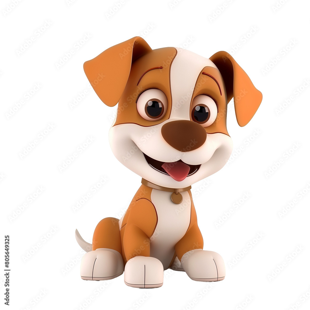 Puppy, a cartoon character dog, 3D illustration for children. A domestic animal that looks cute, adorable, and joyful on a transparent background. A charming print of a fairy-tale dog for clothing