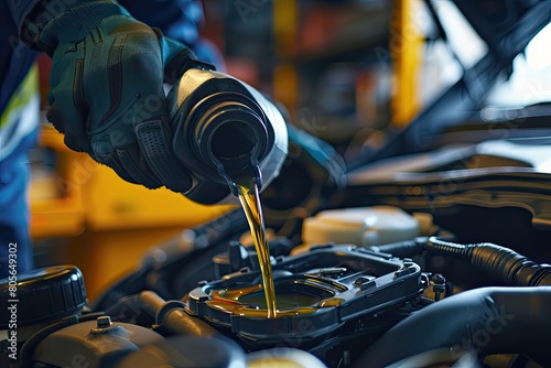 A man is pouring oil into a car engine. Concept of maintenance and care for the vehicle