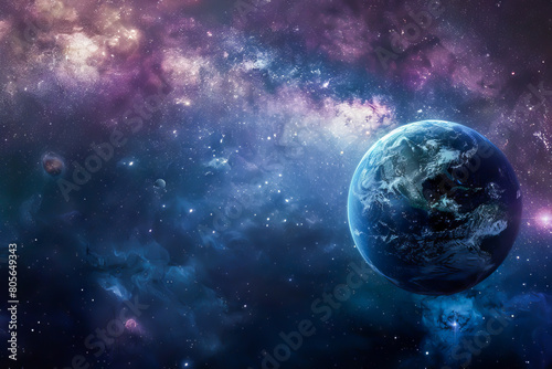 A blue and purple planet is floating in space. The sky is filled with stars and the planet is surrounded by a cloud of dust