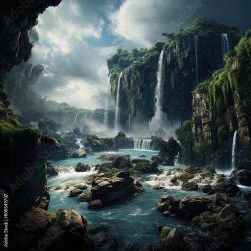 Majestic waterfall landscape in lush jungle