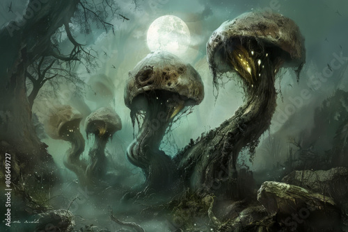 A group of mushrooms are growing in a forest with a full moon in the background. Scene is eerie and mysterious photo