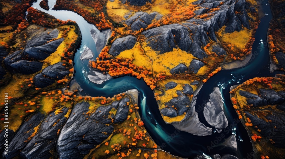 Vibrant autumn landscape with winding river and rocky cliffs