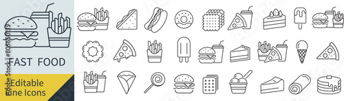 線の編集ができるベクターのファストフードのアイコンセット（アウトライン化していない）
