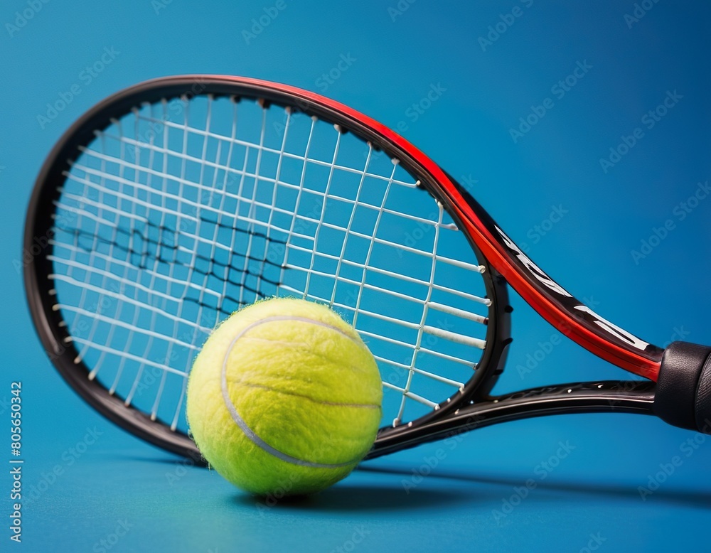 Black tennis racket with tennis ball on blue background