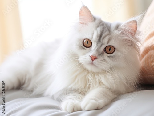Adorable fluffy white cat with big brown eyes