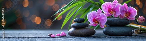 Create a serene spa atmosphere with a still life arrangement of zen stones, orchids, and bamboo