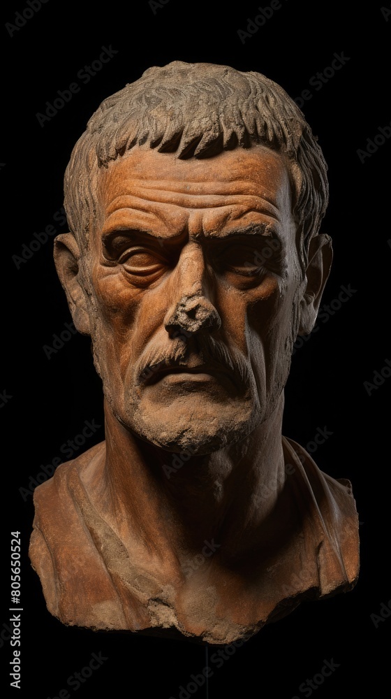 Detailed bust sculpture of an elderly man with a stern expression