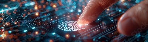 Finger pressing a futuristic fingerprint scanner on a digital interface photo