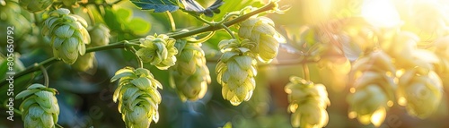 Fresh hops twining on bines in sunlight, perfect for beer brewing photo