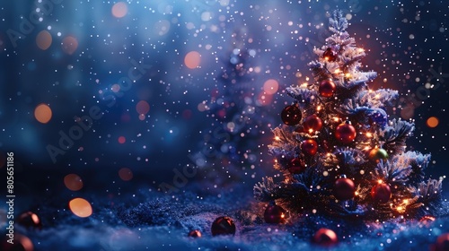 Glowing Christmas tree with baubles in starlight photo