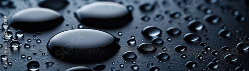 Marvel at a cluster of liquid drops atop a black surface, each featuring a smaller water droplet nestled beneath