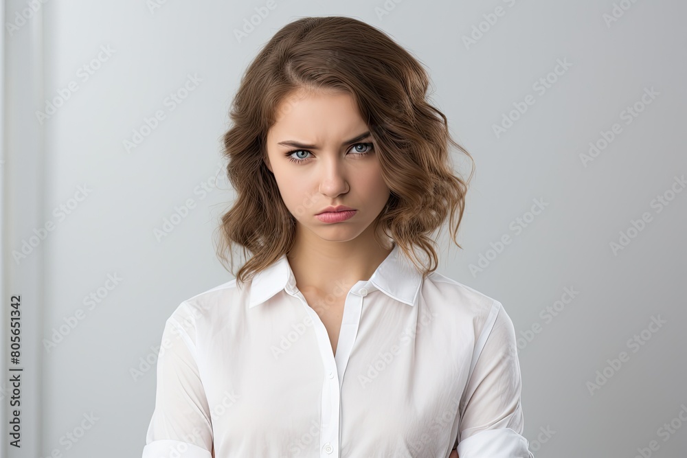 Serious young woman with wavy brown hair Serious young woman with wavy brown hair