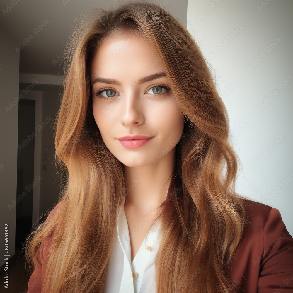 Elegant woman with wavy hair posing in office attire Elegant woman with wavy hair posing in office attire