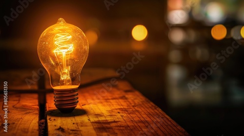 glowing light bulb on wooden surface symbolizing eco friendly bright ideas and innovation