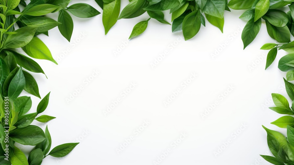 A white background with green leaves on it