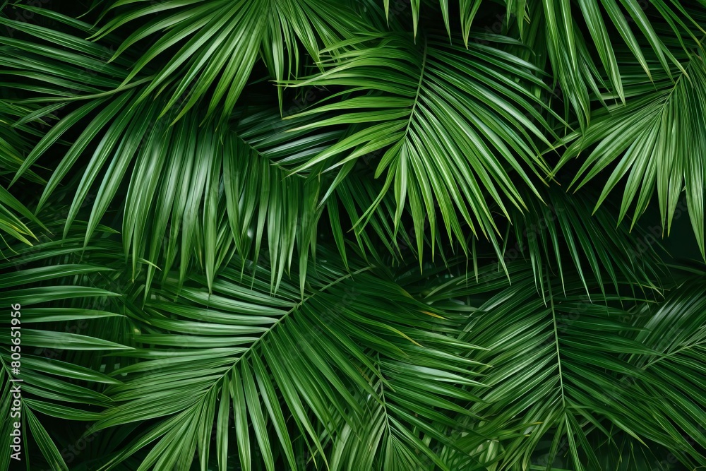A lush green palm tree with leaves that are long and thin