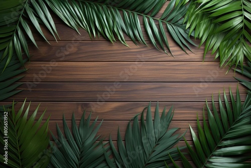 A wooden background with green leaves surrounding it