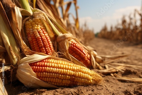 Two corn cobs are sitting on the ground in a field