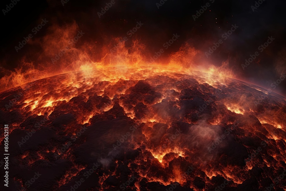 A fiery planet with a lot of lava and fire