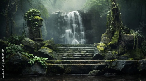 A waterfall is surrounded by moss and rocks  creating a serene